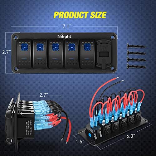 Nilight 5 Gang Rocker Switch Panel w/PD Type C and USB Socket Voltmeter