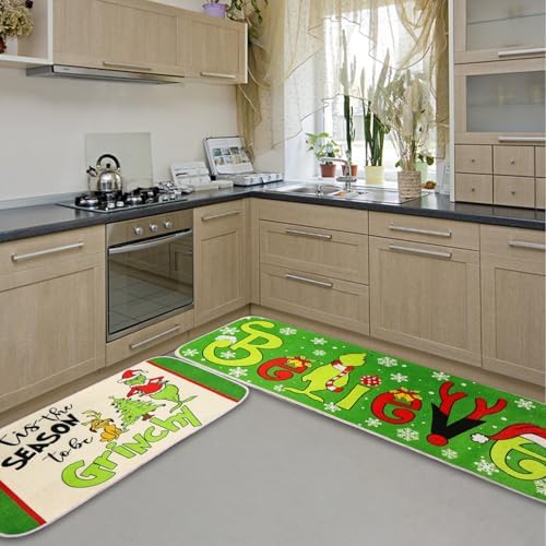 Christmas Decorations Indoor Christmas Kitchen Bathroom Door Mat Non Slip and Washable Winter Rubber Santa Snowflakes Door Mat for Outdoor Indoor 16x28 and 16 * 48Inch