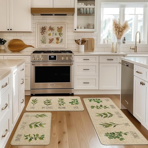 Artoid Mode Parsley Sage Oregano Basil Bay Leaves Kitchen Mats Set of 3, Seasonal Holiday Party Low-Profile Floor Mat for Home Kitchen - 17"x29"+17"x36"+17"x47"