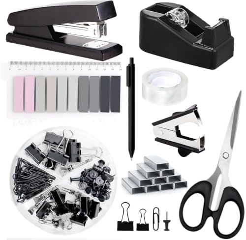 Office Supplies,Black Desk Accessories,Office Supplies Set,Stapler and Tape Dispenser Set,Scissors,Staple Remover,Binder Clips,Staples,Ballpoint Pen,Index Tabs with Ruler,Clear Tape.9pcs for Office