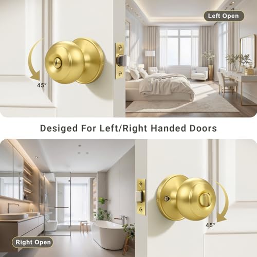 KNOBWELL 6 Pack Privacy Door Knob for Bathroom or Bedroom Door Knobs, Round Interior Door Knobs, Gold Indoor Door Knob, Keyless Door Knob with Lock, Door Handle Lock, Gold