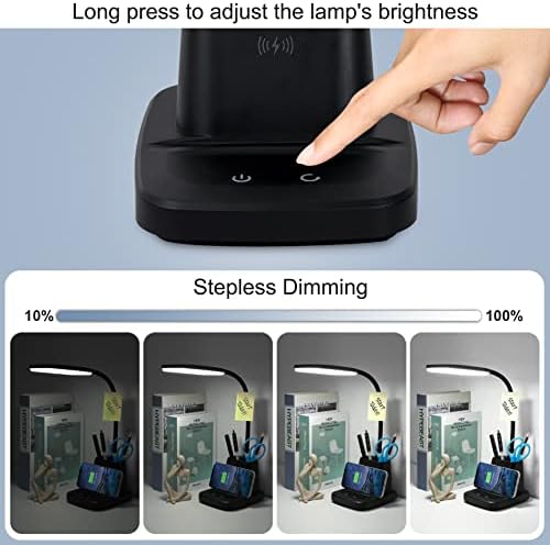 LED Desk Lamp with 10W Wireless Charging & Pen Holder, Black
