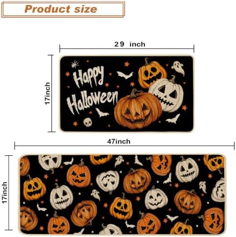 Baccessor Happy Halloween Ghost Kitchen Rugs Set of 2,Spooky Pumpkin Fall Black Mat Rug Indoor Outdoor Low-Profile Non Slip Absorbent Floor Mats for Home Party Holiday Decor 17x29 and 17x47 Inch