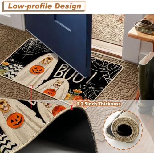 Baccessor Halloween Kitchen Rugs Set of 2, Ghost Boo Dog Pumpkin Spider Web Kitchen Mats for Floor Washable Low-Profile Farmhouse Spooky Holiday Home Indoor Outdoor Decor 17x29 and 17x47 Inch