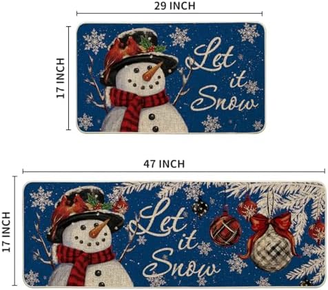 Artoid Mode Blue Let It Snow Snowflake Snowman Winter Kitchen Mats Set of 2, Christmas Decor Low-Profile Kitchen Rugs for Floor - 17x29 and 17x47 Inch