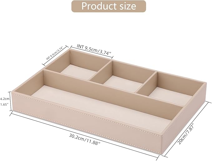 4-Slot Leather Drawer Tray Desk Stationery Sundries Organizer Storage Box Pen Pencil Holder Case Container (Dark Beige)