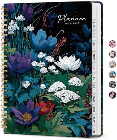 Planner 2026-2027, Monthly & Weekly Jul 2026-Jun 2027 Calendar Book | 6.3" x 8.5", Hardcover Spiral Planner with Tabs, School & Daily Pretty Agenda for Women, Students, Teachers, Shadow Garden
