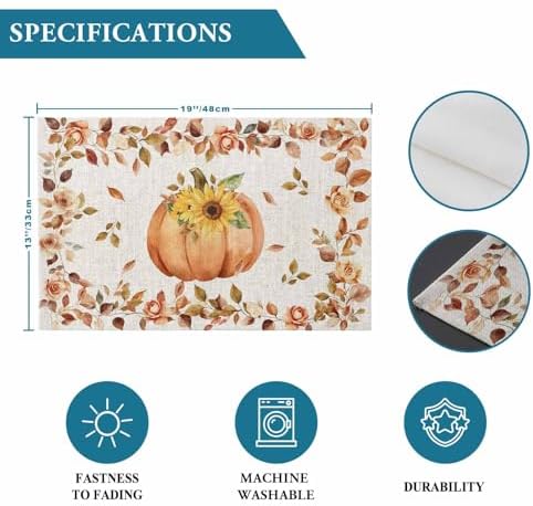 Boho Fall Placemat, Thanksgiving Watercolor Pumpkins Heat Resistant Washable Table Place Mats Sunflowers Eucalyptus Table Linens Party Holiday Decor for Home Kitchen Dining Outdoor Indoor,