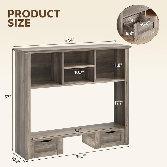 Desk Shelf with Computer Monitor Stand, 37.4''W Desktop Bookshelf | Display Rack, Desktop Organizer Storage Rack with Cubbies & Drawers, 5-Tier Hutch for Home, Office, Dorm, Vanity, Grey
