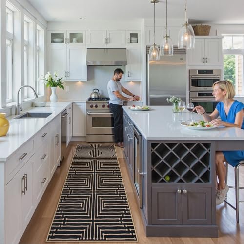 Lahome Maze Lines Washable Kitchen Runner Rug, 2x8 Black Outdoor Runner Rug