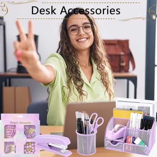 Office Supplies,Desk Accessories,Stapler and Tape Dispenser Set,1000 Staples,Staple Remover,Pen Holder,Folding Phone Holder,Journal Notebook,Ballpoint Pen,Scissor,Ruler,Clear Tape,Sticky Notes,Ect