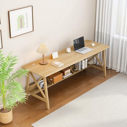 NELYE Extra Long Writing Desk with Bookshelf, 71" Wx24 Dx30 H, Oak