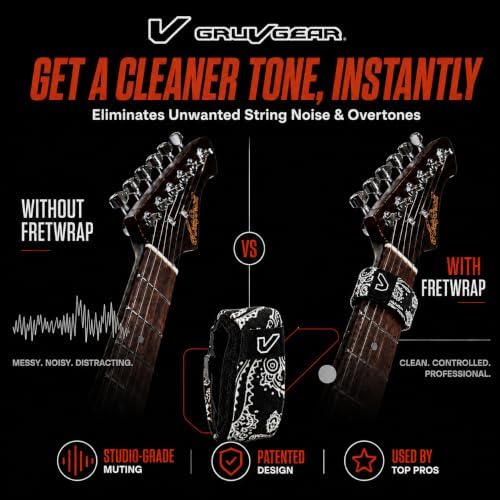 Gruv Gear Fret Wrap & Guitar Mute, Fretwrap for Acoustic, Electric & Bass | String Dampener Recording, Tapping & Practice Accessory (1 Pack, Small Bandana Black, Fits 4 String Bass, 6 String Guitar)