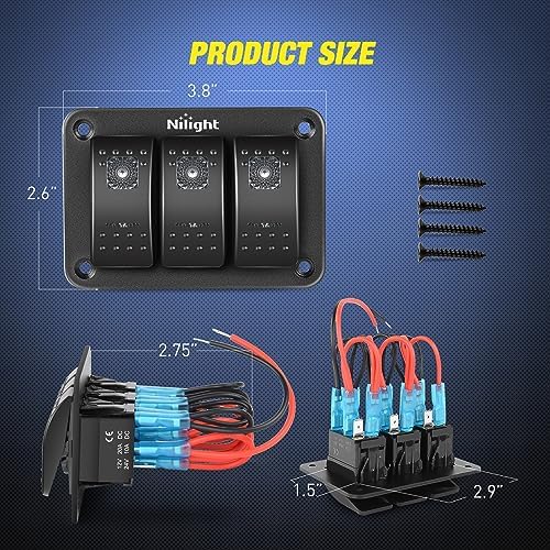 Nilight 3 Gang Aluminum Rocker Switch Panel Pre-Wired