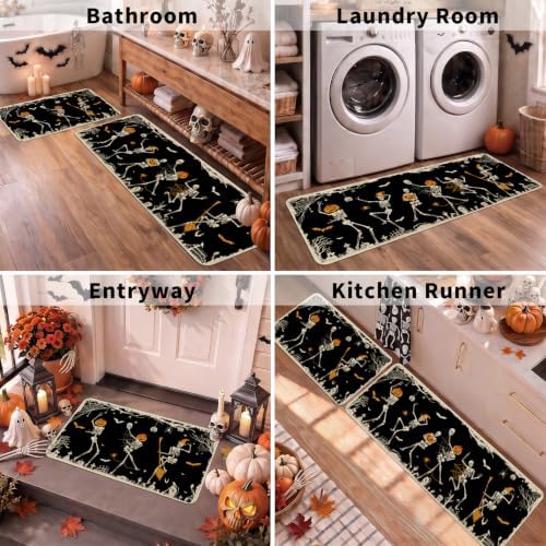 Halloween Kitchen Mat Decor, Skeleton Black Halloween Kitchen Rugs Set of 2
