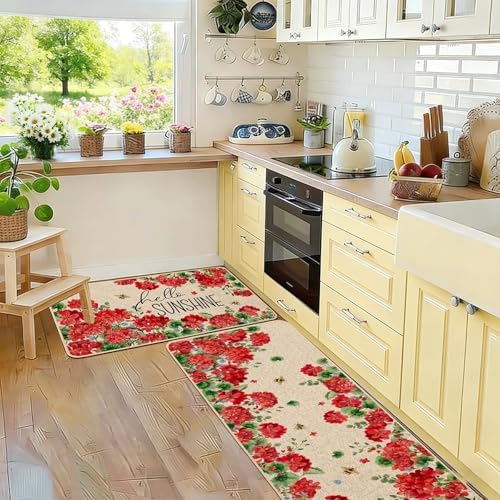 Baccessor Summer Kitchen Mats Set of 2, Geranium Floral Bee Kitchen Rugs for Floor Non Slip Absorbent Low-Profile Seasonal Farmhouse Home Decor 17x29 and 17x47 Inch