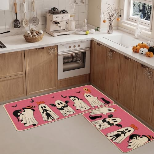 Baccessor Halloween Kitchen Rugs Set of 2, Pink Ghost Boo Black Cat Kitchen Mats for Floor Washable Low-Profile Farmhouse Spooky Holiday Home Indoor Outdoor Decor 17x29 and 17x47 Inch