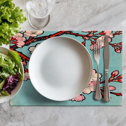 Batmerry Shabby Chic Cherry Blossom Linen Placemats Set of 6, Pink Floral Turquoise Background Washable Table Mats for Kitchen Table Thickened Heat Insulation Dining Set Indoor Outdoor 12X18 in