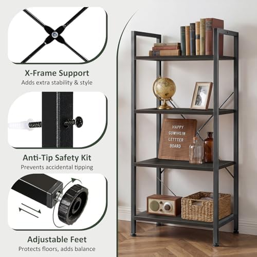 4 Tier Bookshelf, Free Standing Bookcase with Open Storage Shelves