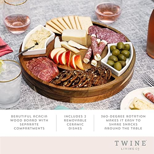Twine Rotating Wood Serving Board - Round Charcuterie Board - Lazy Susan Wooden Cheese Board Set with Ceramic Dishes - Set of 1