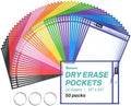 SUNEE 50 Packs Oversized Reusable Dry Erase Pocket Sleeves with 3 Rings, 10 Assorted Colors 10x14 Ticket Holders, Clear Plastic Sheet Protectors, Teacher School Classroom Supplies