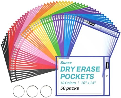 SUNEE 50 Packs Oversized Reusable Dry Erase Pocket Sleeves with 3 Rings, 10 Assorted Colors 10x14 Ticket Holders, Clear Plastic Sheet Protectors, Teacher School Classroom Supplies