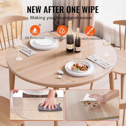 VEVOR Plastic Table Cover, 48 x 48 Inch 2.0 mm Thick Clear Round PVC Desk Mat Protector, Waterproof & Easy Cleaning Tablecloth for Office, Dresser, Dining Room, Night Stand