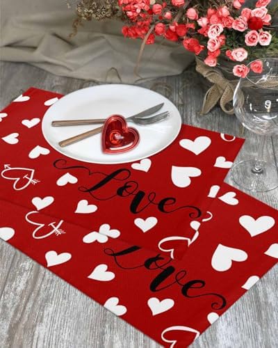 Red Valentine's Day Placemats Set of 4, Valentines Love Heart Heat Resistant Washable Table Place Mats Cotton Table Linens Party Holiday Decorations for Home Kitchen Dining Table Outdoor Indoor,