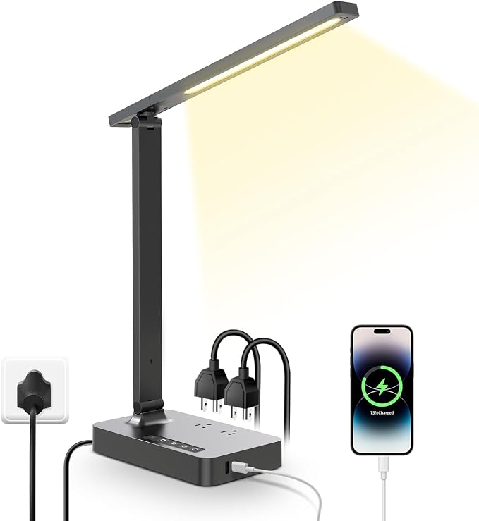 Desk Lamp with USB Charging Port: Power Strip with Surge Protection - 1 Type-C, 1 USB-A Charging Port, 2 AC Power Outlets, Desk Lamps for Home Office College Dorm Room Essentials