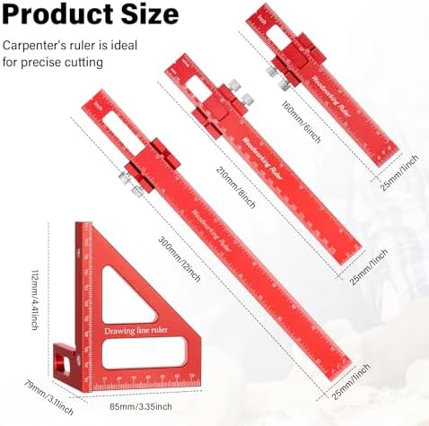 4 Pcs Woodworking Ruler, Metal Precision Pocket Rulers 12, 8, 6 Inch with 3D Multi Angle Measuring Ruler 45/90 Degree for Precision Measuring Marking Inch and Metric