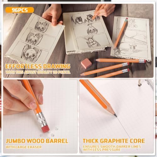 Seajan 96 Pcs 2B Jumbo Pencils, Big, Fat, Thick, Triangular Grip Pencil Refill with Eraser 7 Inch Large Pencil for Kids Beginners Preschoolers Kindergarten School Office Christmas Gift(Browny Yellow)