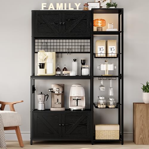 IRONCK Bakers Rack with Cabinet and Power Outlet, Coffee Bar, Vintage Black