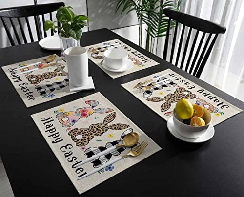 Artwork Store Happy Easter Placemats Set of 4,Cotton Linen Heat Resistant Table Mats Washable Cute Easter Bunny Florals Flowers Rabbit Placemat for Holiday Banquet Party Dining Kitchen Table Decor