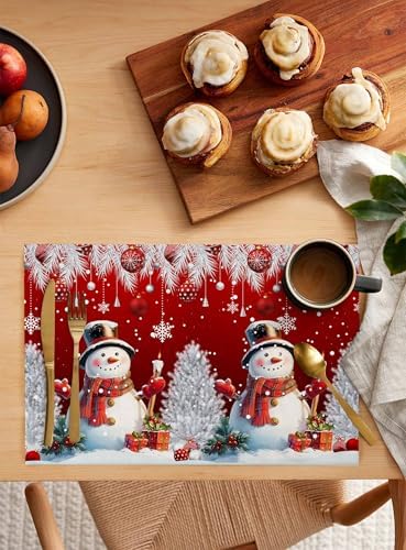 Christmas Red Placemats Set of 6, Cotton Linen Snowflake Cute Snowman Table Mats Non-Slip Washable Xmas Tree Red Christmas Balls Ornaments Placemat for Xmas Dining Kitchen Table Decor