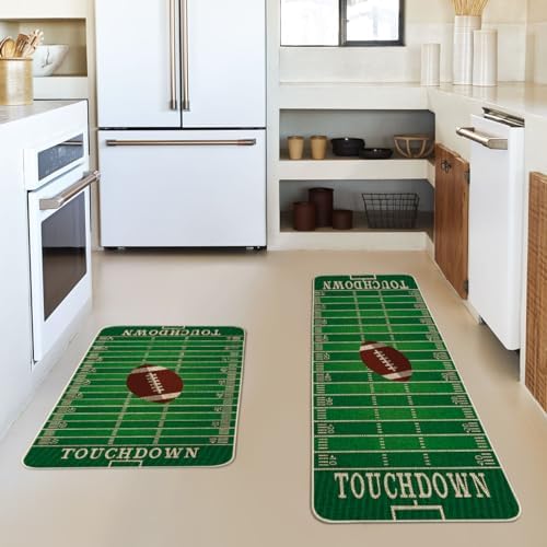 Artoid Mode Touch Down American Football Court Kitchen Mats Set of 2, Rugby Boy Home Decor Low-Profile Kitchen Rugs for Floor - 17x29 and 17x47 Inch
