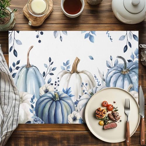 Fall Thanksgiving Placemats Set of 6, Blue White Pumpkin Heat Resistant Washable Dining Table Mats Fall Holiday Farmhouse Decor for Kitchen&Linens Outdoor Indoor, Autumn Flowers Eucalyptus Leaves