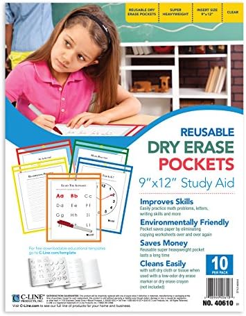 C-Line Reusable Dry Erase Pockets, 9 x 12 Inches, Assorted Primary Colors, 10 Pockets per Pack (40610)