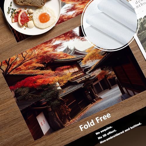 Batmerry Autumn Oriental Maple Linen Placemats Set of 6, Classical Architecture Paths Fallen Leaves Washable Table Mats for Kitchen Table Thickened Heat Insulation Dining Set Indoor Outdoor 12X18 in