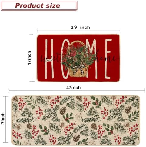 Baccessor Red Christmas Kitchen Rugs Winter Set of 2 17x29 and 17x47 Inch