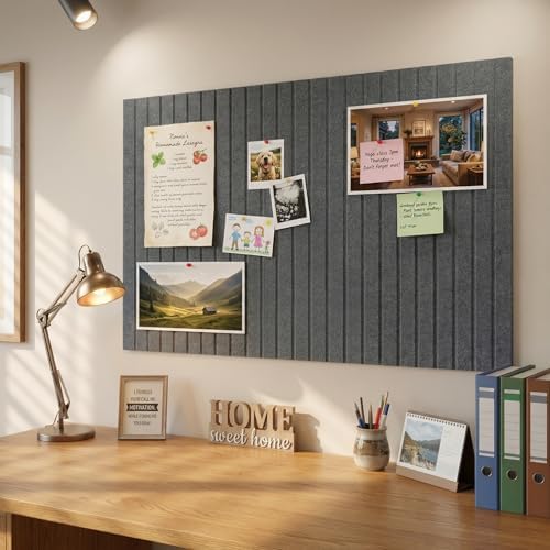 Felt Bulletin Board Tiles, 6 Pack Combination 60×90cm Felt Pin Board with 30 Colored Pushpins & 40 Traceless Adhesive Tabs for Home Office Classroom, Charcoal Gray