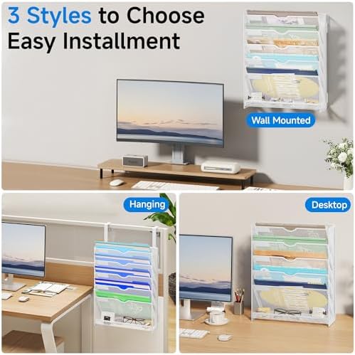 Lavatino 6-Tier Hanging File Organizer, Wall Mount File Holder for Mails Folders Papers Magazine Organization, Vertical Document Organizer for Office Home - (White)