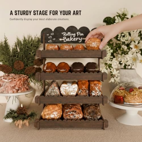 HOTCAN Wooden Cookie Display Stand with Chalkboard Sign for Bakers, Vendors, Craft Fairs | Pastry Display for Market Booths & Events | 4 Tiered Cookie Display for Muffins, Cakes, and Pastries (Brown)