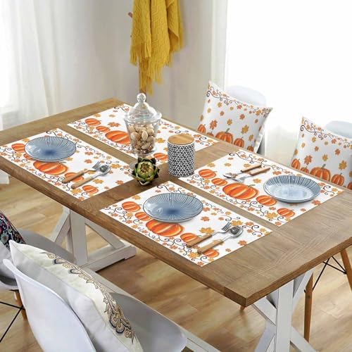 Fall Maple Leaves Placemats Set of 4, Thanksgiving Watercolor Pumpkins Heat Resistant Washable Table Place Mats Orange Cotton Table Linens Party Holiday Decor for Home Kitchen Dining Outdoor Indoor,