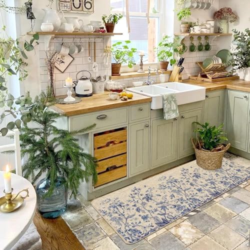 Baccessor Blue Floral Kitchen Mats Set of 2,Summer Kitchen Rugs for Floor Monochrome Sketch Non Slip Low-Profile Seasonal Summer Home Decor 17x29 and 17x47 Inch