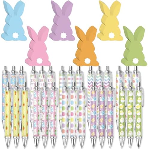 JarThenaAMCS 60Pcs Easter Stationery Set Colorful Bunny Rabbit Sticky Note Pads with Egg Stripe Wave Ballpoint Writing Pens for Spring Home Office Classroom Party Favors Supplies