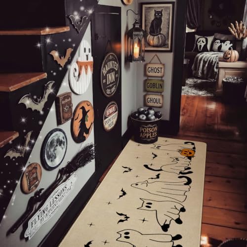 Ghost Black Cat Halloween Kitchen Rugs and Mats Set of 2, (17"x47"+17"x30") Gothic Cute Spooky Season Pumpkin Trick Or Treat Non Skid Washable Runner Rugs for Home Decor Decorations and Accessories