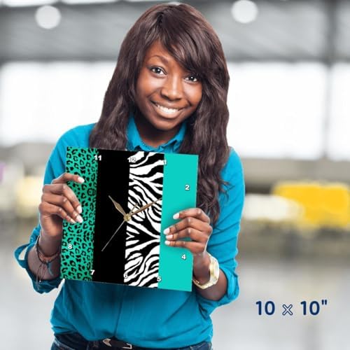 3dRose DPP_35444_1 Aqua Blue Black and White Animal Print Leopard and Zebra Wall Clock, 10 by 10-Inch
