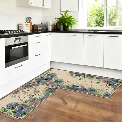 Baccessor Hydrangea Kitchen Mats Set of 2, Spring Summer Floral Bee Kitchen Rugs for Floor Non Slip Absorbent Low-Profile Seasonal Farmhouse Home Decor 17x29 and 17x47 Inch