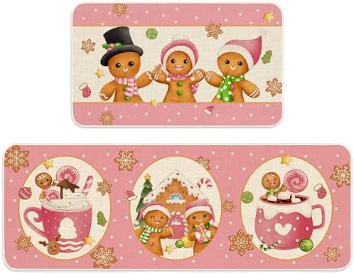 JarThenaAMCS Christmas Kitchen Mats Set of 2 Pink Gingerbread Man Non-Slip Floor Mat Xmas Decorative Rugs for Bathroom Kitchen, 17 x 29 Inch & 17 x 47 Inch