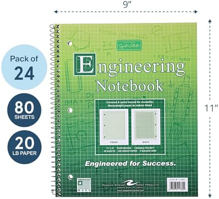 Roaring Spring Graph Ruled Spiral Engineering Notebook, Engineering Graph Paper, 24 Pack, 5x5 Enclosed Grid, 8.5" x 11", 80 Perforated Sheets, 3 Hole Punched, Green Tinted Sheets, Made in USA